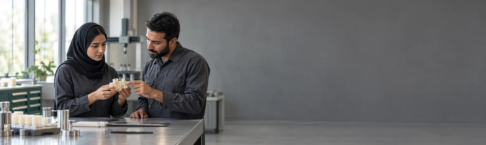 تصویر مفهومی همکاری دو کارشناس برای بررسی نمونه پلیمری